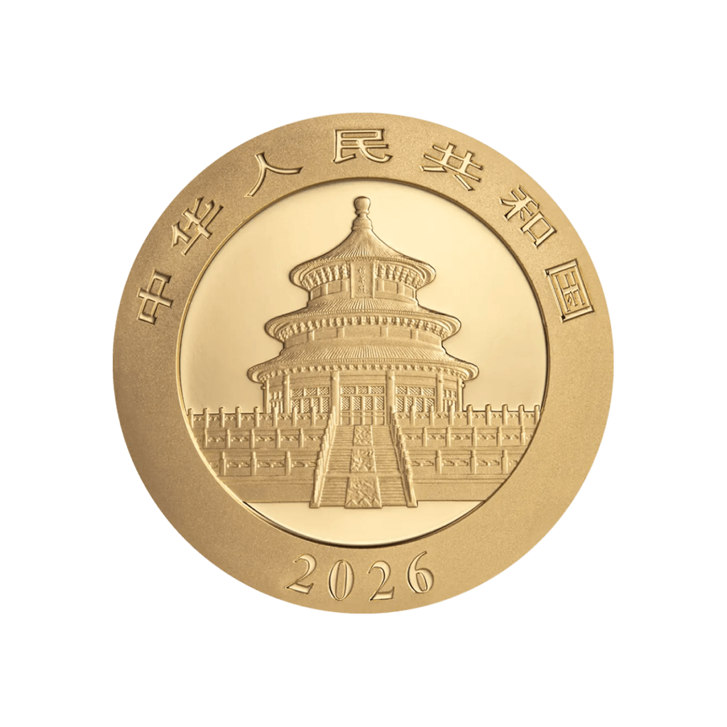 Moneda de inversión de oro Panda chino (3 g), reverso con el Templo del Cielo en el centro, inscripciones en caracteres chinos alrededor del borde y fecha “2026” en la parte inferior.
