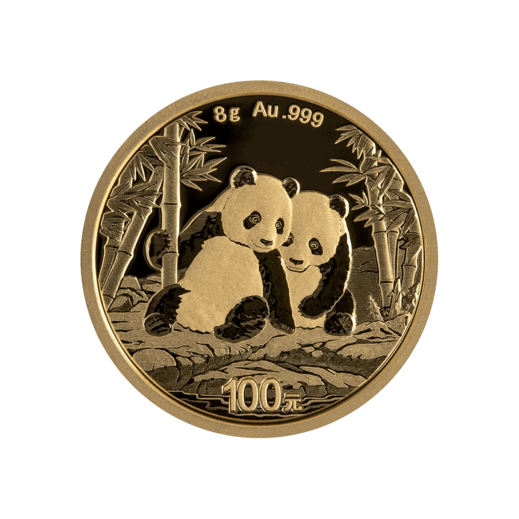 Moneda de inversión de oro Panda chino de 8 g (2026), anverso con dos pandas entre bambú; valor “100 yuan” a la izquierda e inscripción “8 g Au .999” en la parte superior.