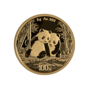 Chinese Panda 8 g gold investment coin (2026), obverse featuring two pandas among bamboo; denomination “100 yuan” on the left and inscription “8 g Au .999” at the top.<br>