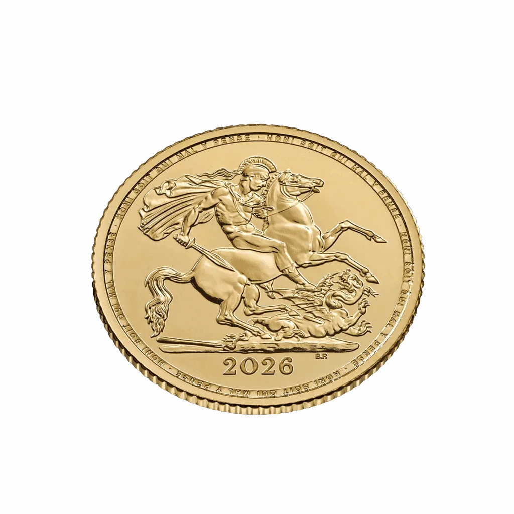 Top-down view, obverse with St George on horseback slaying the dragon; motto “Honi soit qui mal y pense” along the rim and date 2026 at the bottom.