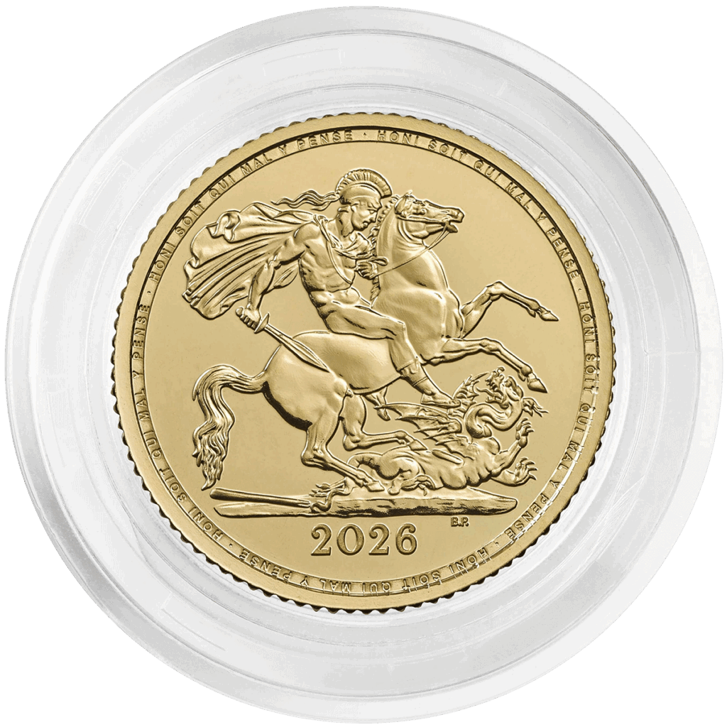 Mezza sterlina britannica d’oro 2026 nel blister, lato con San Giorgio a cavallo che uccide il drago; motto “Honi soit qui mal y pense” lungo il bordo e data 2026 in basso.