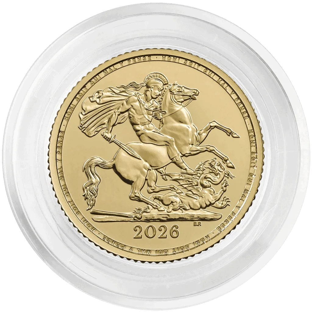 In blister pack, obverse with St George on horseback slaying the dragon; motto “Honi soit qui mal y pense” along the rim and date 2026 at the bottom.