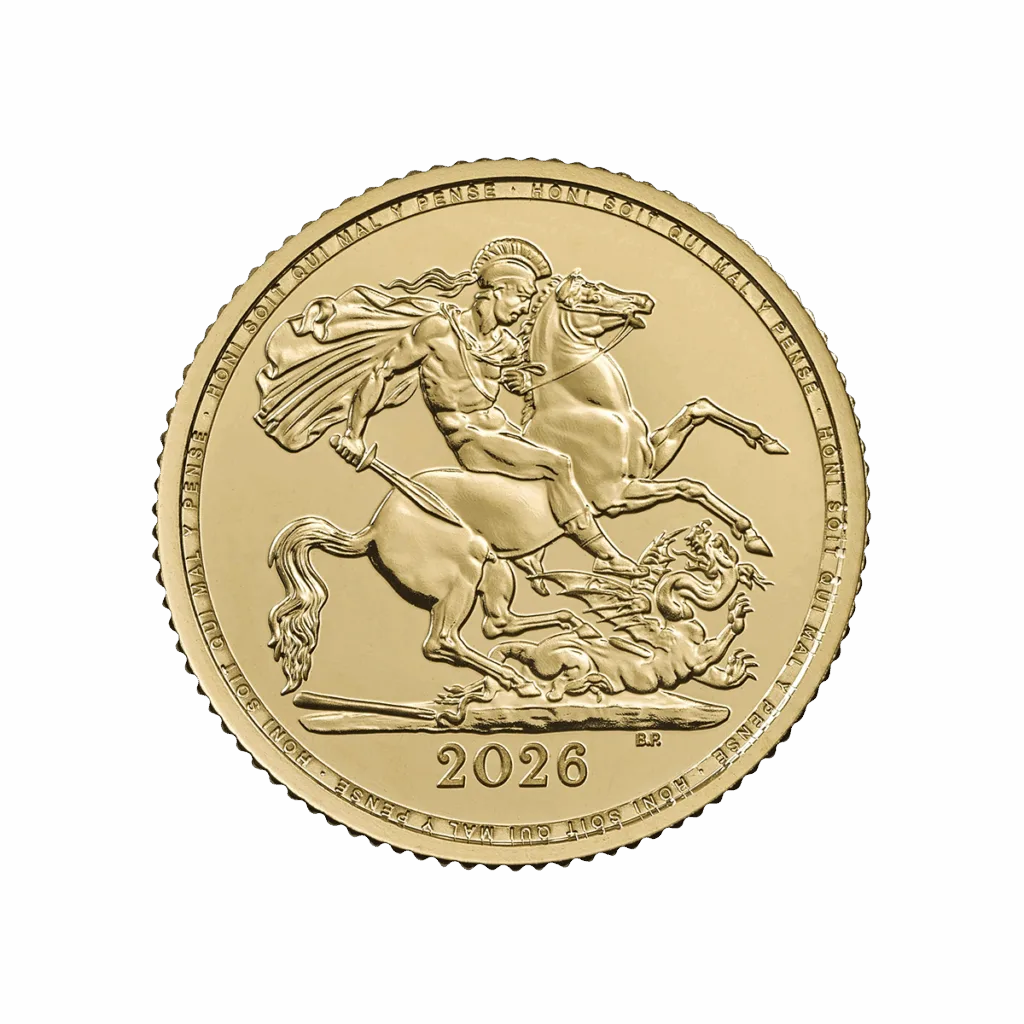 2026 British Half Sovereign gold coin, obverse with St George on horseback slaying the dragon; motto “Honi soit qui mal y pense” along the rim and date 2026 at the bottom.