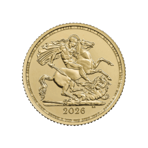 2026 British Half Sovereign gold coin, obverse with St George on horseback slaying the dragon; motto “Honi soit qui mal y pense” along the rim and date 2026 at the bottom.