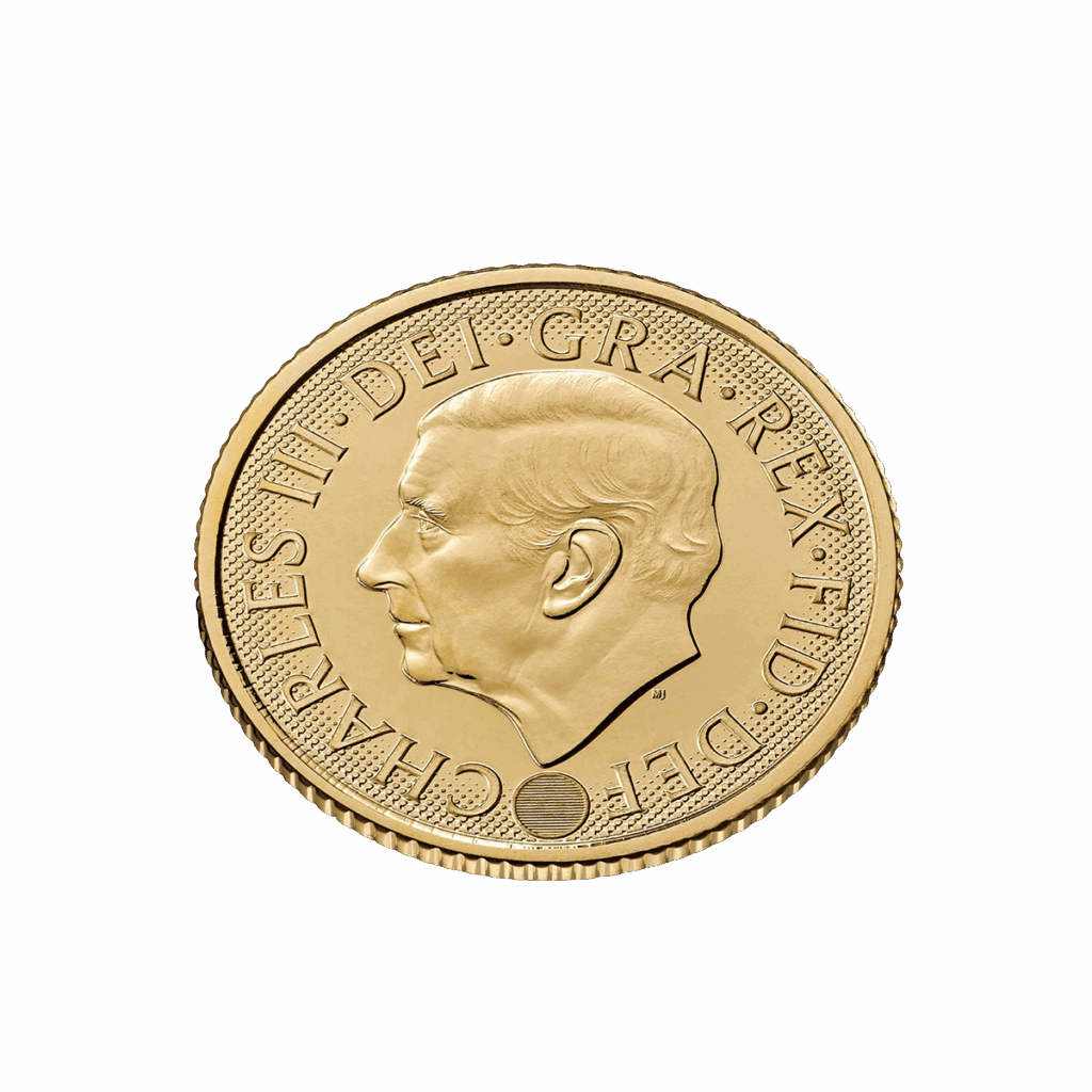 Mezza sterlina britannica d’oro 2026 vista dall'alto, rovescio con il profilo di Re Carlo III rivolto a sinistra e legenda “CHARLES III · DEI · GRA · REX · FID · DEF”