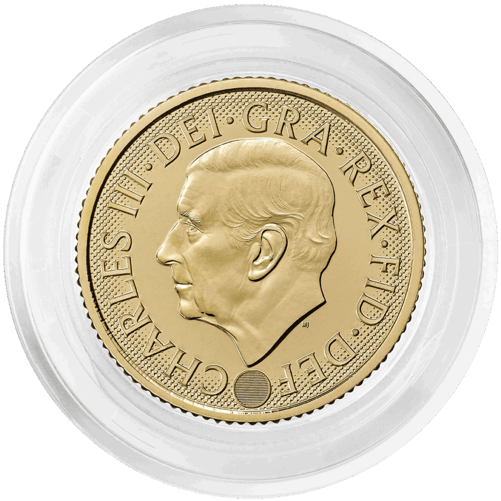 Mezza sterlina britannica d’oro 2026 nel blister, rovescio con il profilo di Re Carlo III rivolto a sinistra e legenda “CHARLES III · DEI · GRA · REX · FID · DEF”