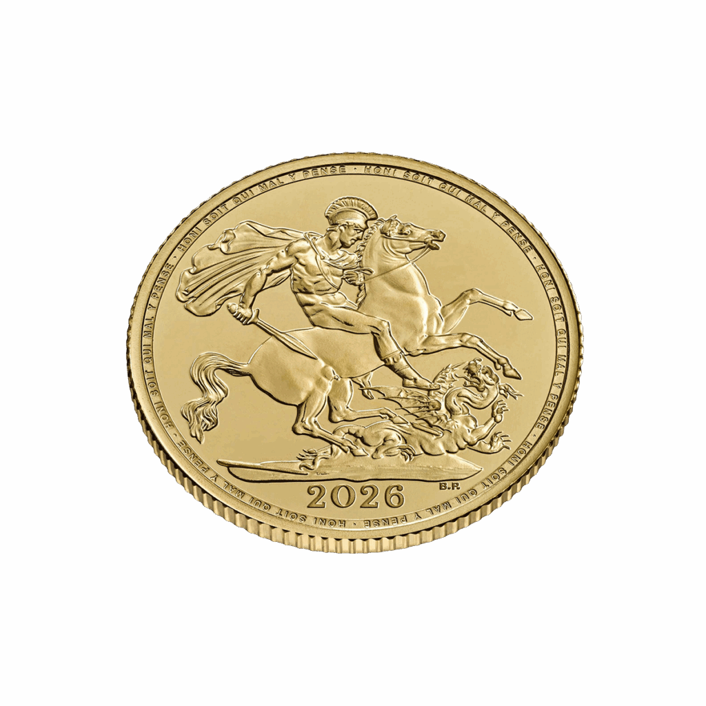 Vista desde arriba del Soberano británico de oro 2026, anverso con San Jorge a caballo venciendo al dragón; lema “Honi soit qui mal y pense” en el borde y fecha 2026 en la parte inferior.