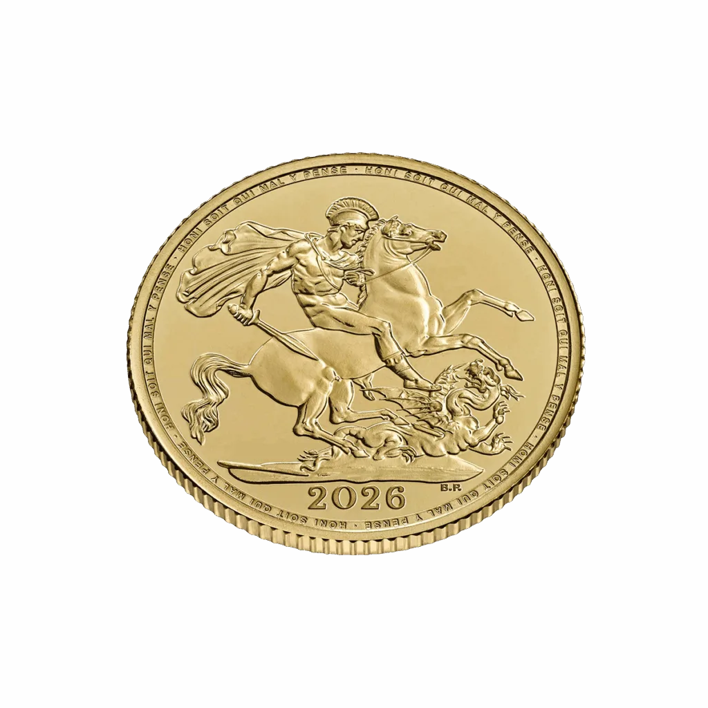 Vista desde arriba del Soberano británico de oro 2026, anverso con San Jorge a caballo venciendo al dragón; lema “Honi soit qui mal y pense” en el borde y fecha 2026 en la parte inferior.