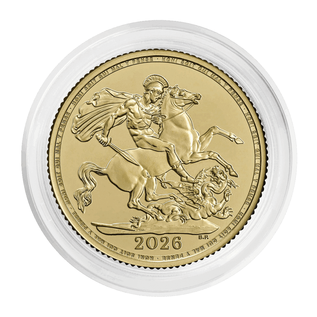 En blíster, anverso con San Jorge a caballo venciendo al dragón; lema “Honi soit qui mal y pense” en el borde y fecha 2026 en la parte inferior.