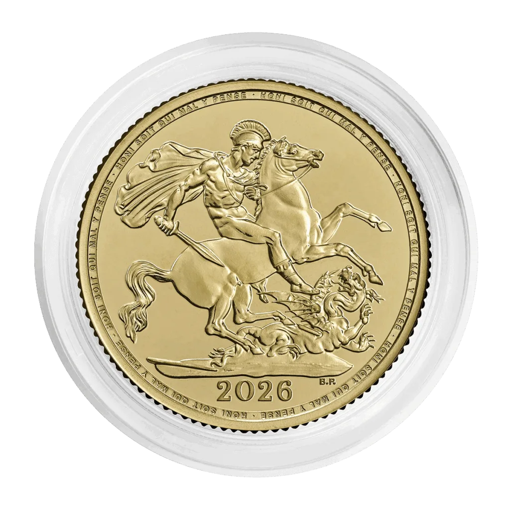 En blíster, anverso con San Jorge a caballo venciendo al dragón; lema “Honi soit qui mal y pense” en el borde y fecha 2026 en la parte inferior.