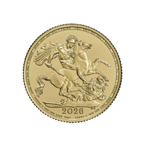 2026 British Gold Sovereign, obverse with St George on horseback slaying the dragon; motto “Honi soit qui mal y pense” on the rim and date 2026 at the bottom.