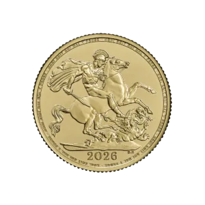 Soberano británico de oro 2026, anverso con San Jorge a caballo venciendo al dragón; lema “Honi soit qui mal y pense” en el borde y fecha 2026 en la parte inferior.