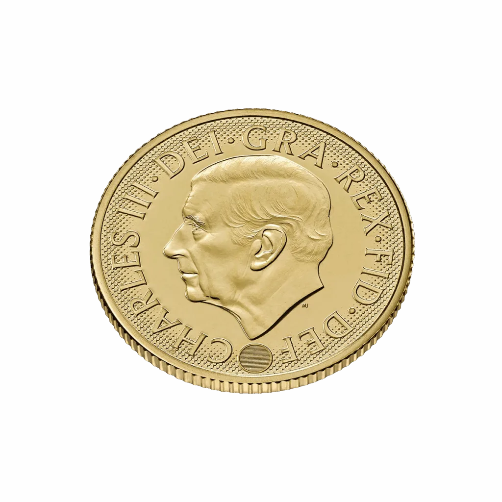 Vista desde arriba, reverso con el retrato de perfil izquierdo del rey Carlos III y la leyenda “CHARLES III · DEI · GRA · REX · FID · DEF” a lo largo del borde.