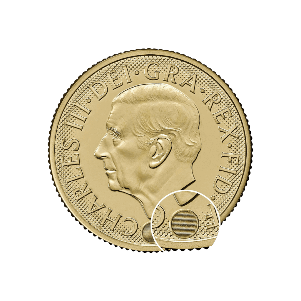 Reverso con el retrato de perfil izquierdo del rey Carlos III y la leyenda “CHARLES III · DEI · GRA · REX · FID · DEF”, mostrado en primer plano/detalle.<br><br>