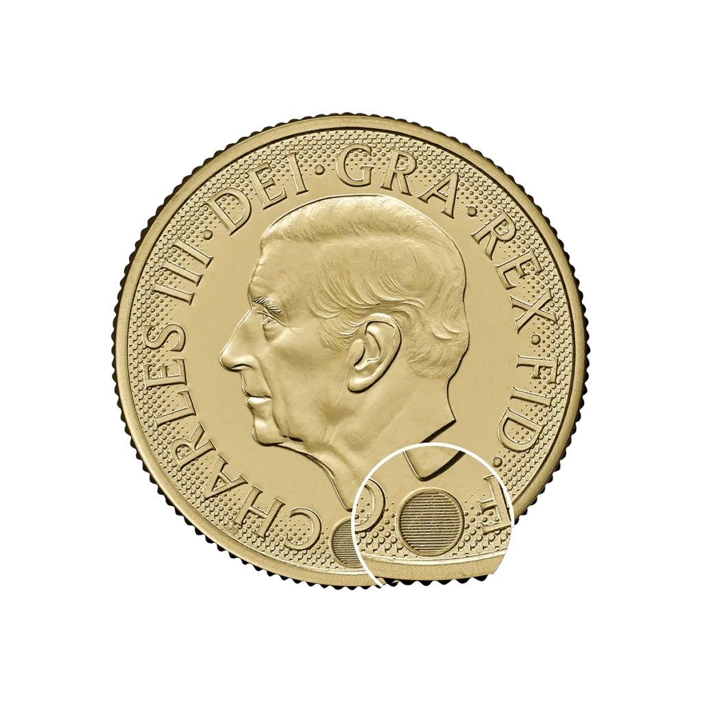 Reverso con el retrato de perfil izquierdo del rey Carlos III y la leyenda “CHARLES III · DEI · GRA · REX · FID · DEF”, mostrado en primer plano/detalle.<br><br>