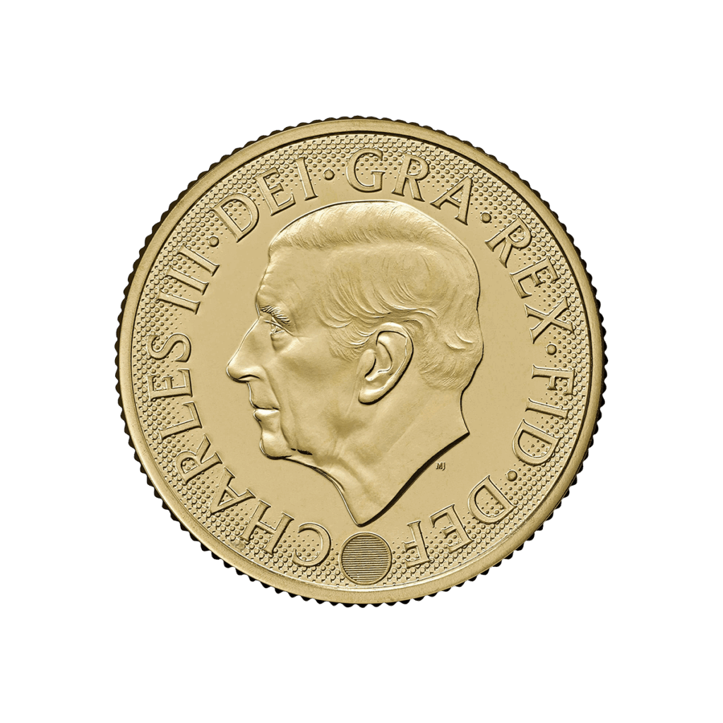 Reverso con el retrato de perfil izquierdo del rey Carlos III y la leyenda “CHARLES III · DEI · GRA · REX · FID · DEF” alrededor del borde.