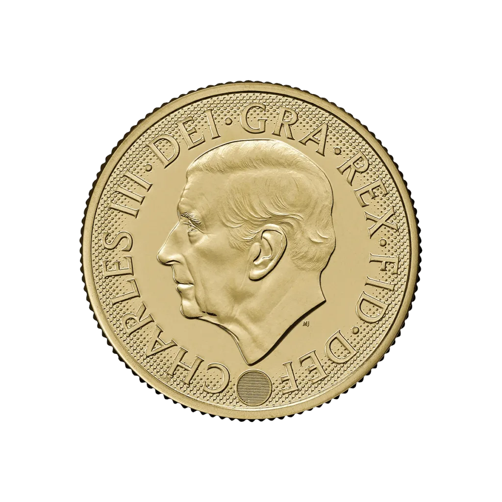 Reverso con el retrato de perfil izquierdo del rey Carlos III y la leyenda “CHARLES III · DEI · GRA · REX · FID · DEF” alrededor del borde.