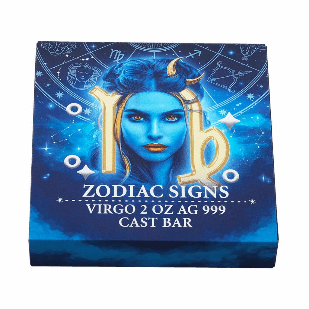 Box del lingotto d’argento 2 oz da collezione rettangolare con illustrazione del segno zodiacale della Vergine e le scritte "ZODIAC SIGNS VIRGO 2 OZ AG 999 CAST BAR".