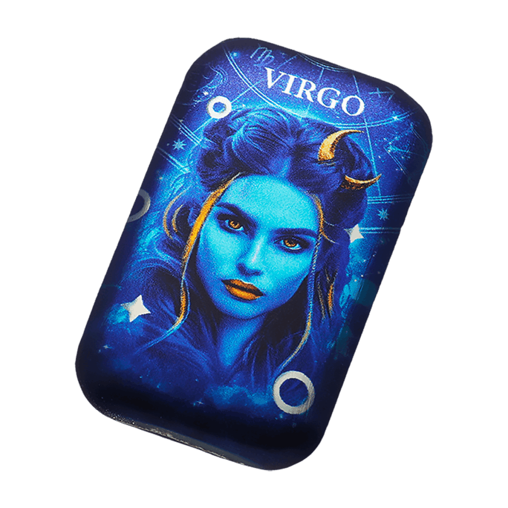 Vista inclinata del lingotto d’argento 2 oz da collezione rettangolare con illustrazione del segno zodiacale della Vergine.