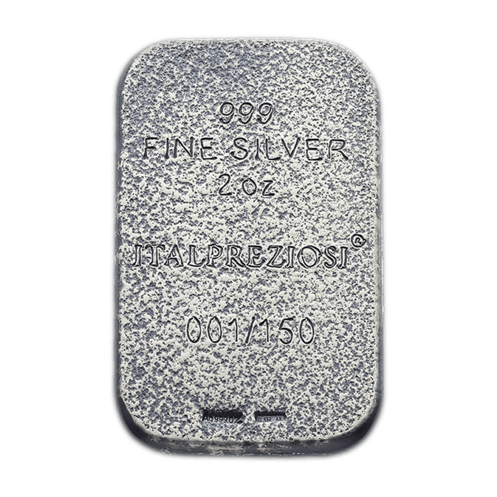 Retro del lingotto d’argento 2 oz da collezione "Segno zodiacale Vergine" rettangolare con le scritte "999 FINE SILVER 2 OZ ITALPREZIOSI"