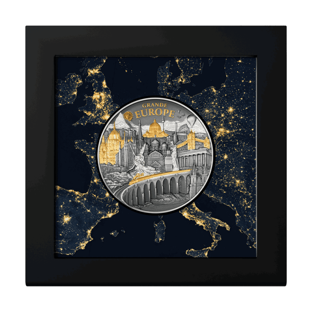 Moneta in argento 5 oz “Grande Europe” 2025 presentata in confezione da collezione con cornice espositiva