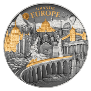 Moneta in argento 5 oz “Grande Europe” 2025: collage di monumenti europei in rilievo con dettagli dorati