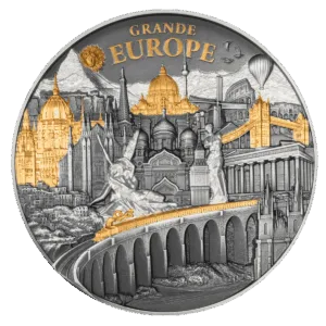 Moneta in argento 5 oz “Grande Europe” 2025: collage di monumenti europei in rilievo con dettagli dorati