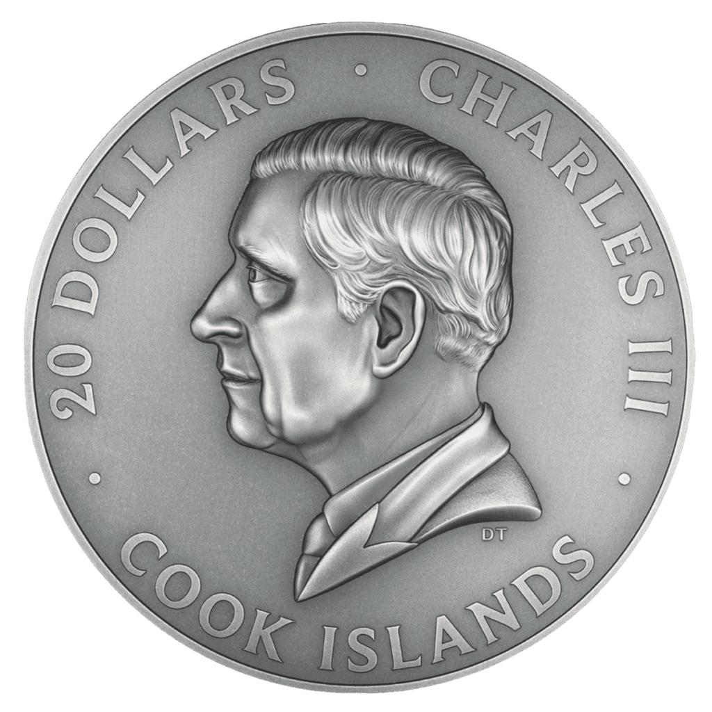Retro moneta Cook Islands: ritratto di Re Carlo III con scritte “20 Dollars”, “Charles III” e “Cook Islands”