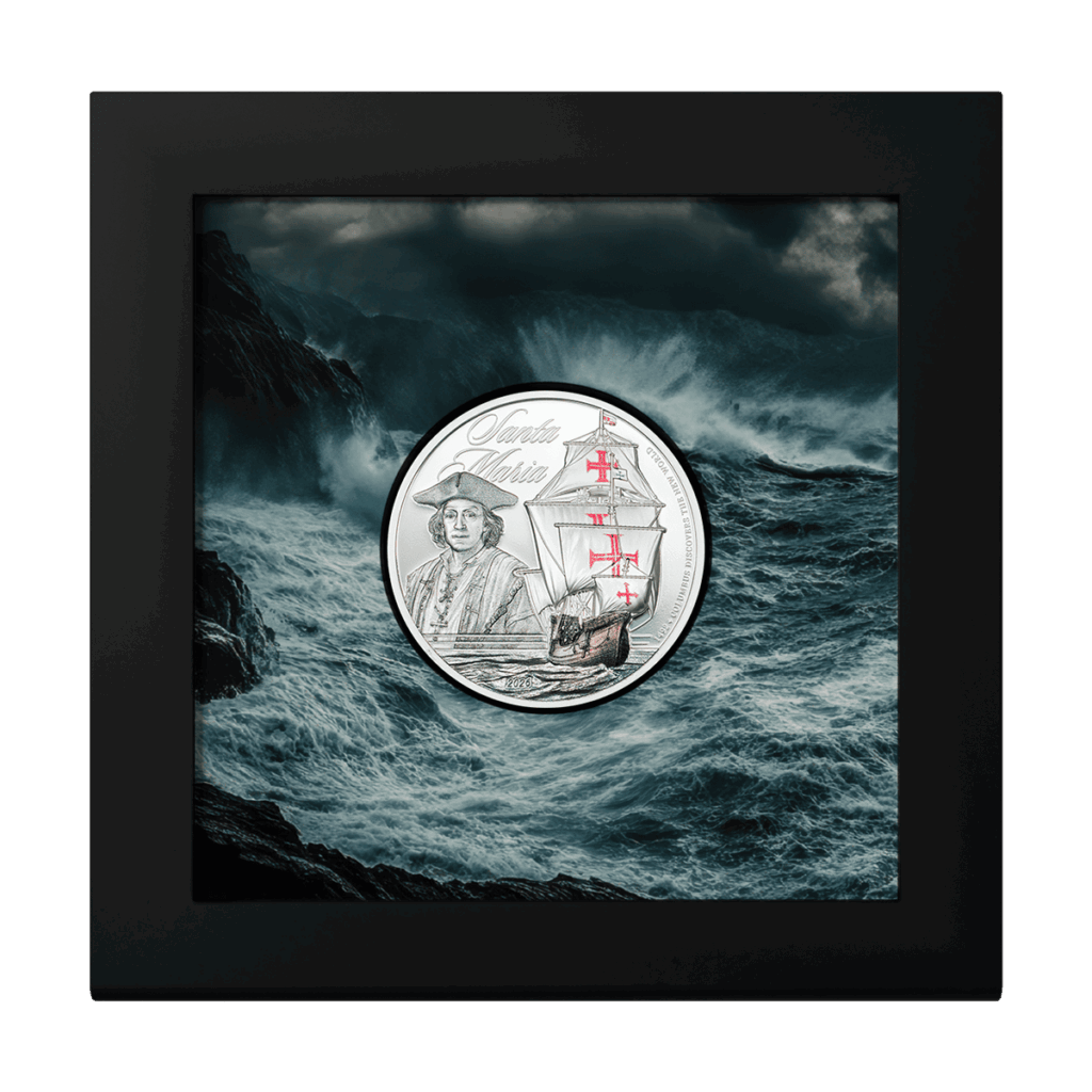 Moneta Santa Maria 2026 in argento presentata in confezione da collezione con cornice e sfondo marino