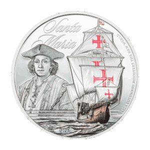 Moneta in argento 1 oz 2026 Santa Maria con ritratto di Cristoforo Colombo e caravella con croci rosse sulle vele