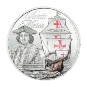 Moneta in argento 1 oz 2026 Santa Maria con ritratto di Cristoforo Colombo e caravella con croci rosse sulle vele