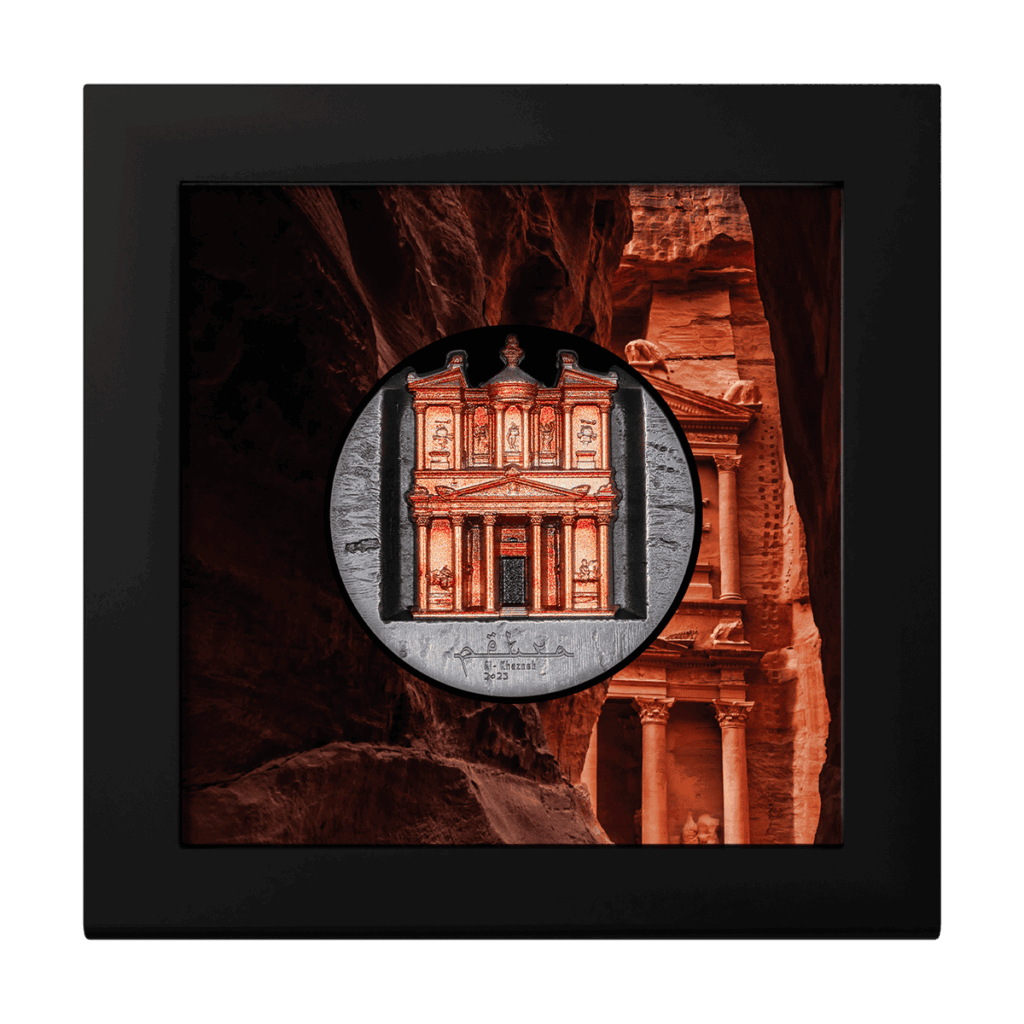 Silver coin 5 oz Petra 2025 presented in a collector’s box with display frame