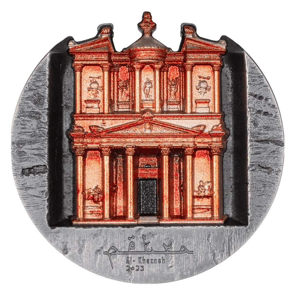 Moneta in argento 5 oz Petra 2025: facciata dell’Al-Khazneh (Il Tesoro) in rilievo con inserti color rame