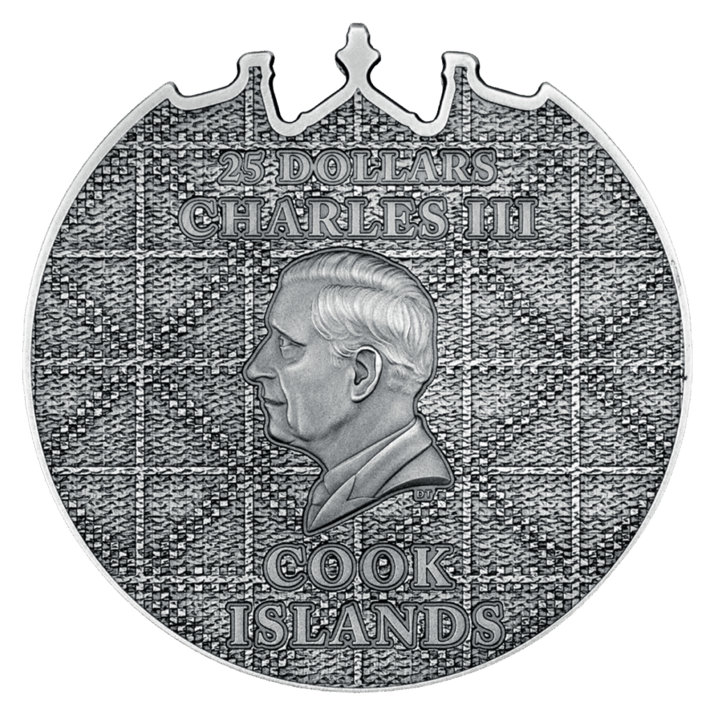 Coin reverse (Cook Islands): portrait of King Charles III with “25 Dollars” and “Cook Islands” inscriptions on a geometric background