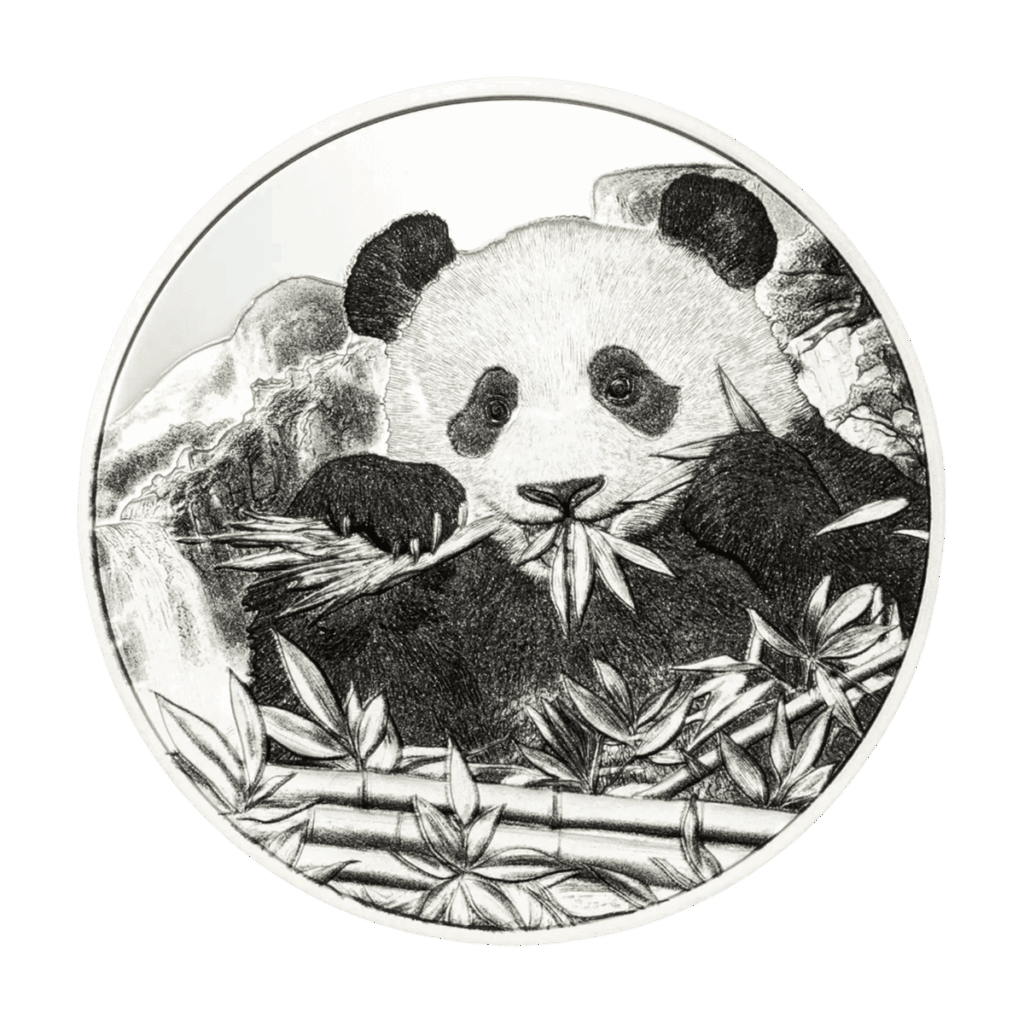 Moneta in argento 1 oz 2026: panda gigante inciso mentre mangia bambù in ambiente naturale