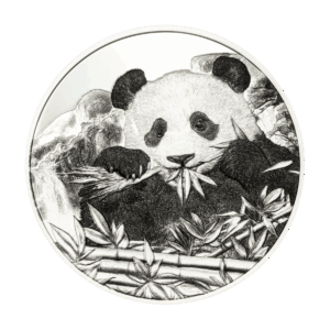 Moneta in argento 1 oz 2026: panda gigante inciso mentre mangia bambù in ambiente naturale