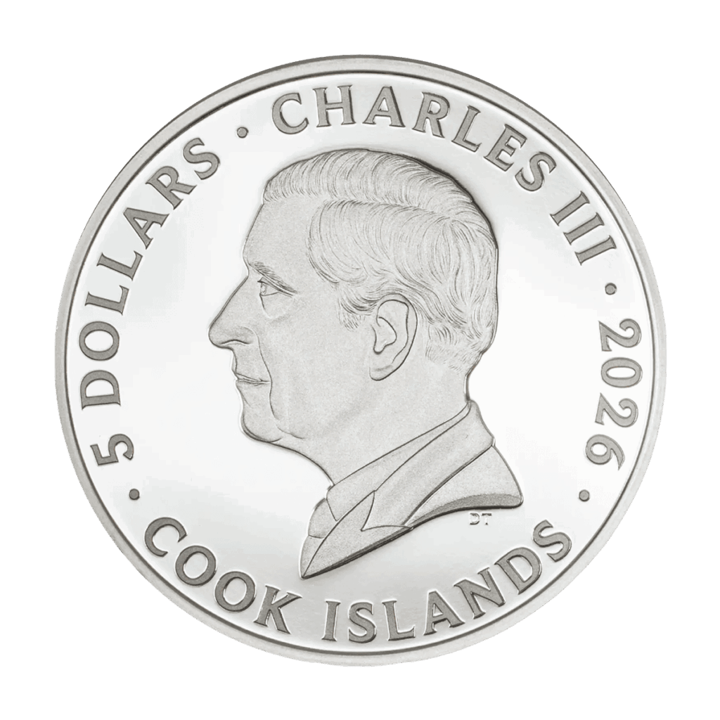 Reverso de la moneda (Cook Islands): retrato del Rey Carlos III con las inscripciones “5 Dollars”, “2026” y “Cook Islands”