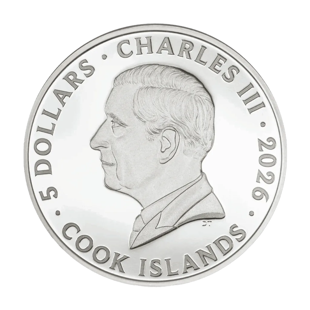 Retro moneta Cook Islands: ritratto di Re Carlo III con scritte “5 Dollars”, “2026” e “Cook Islands”
