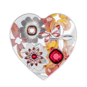 Heart-shaped 20 g silver coin 2026 with floral composition and set colored crystals