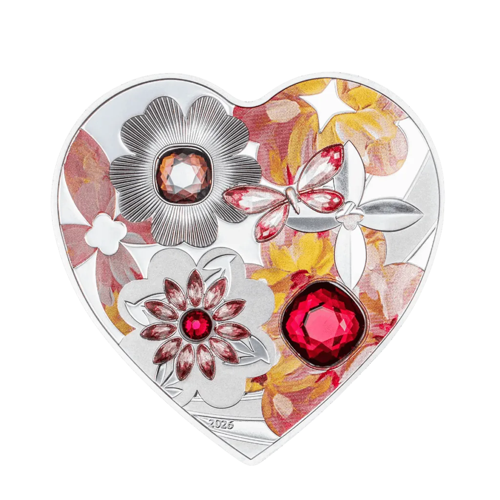 Moneta in argento a forma di cuore 20 g 2026 con composizione floreale e cristalli colorati incastonati