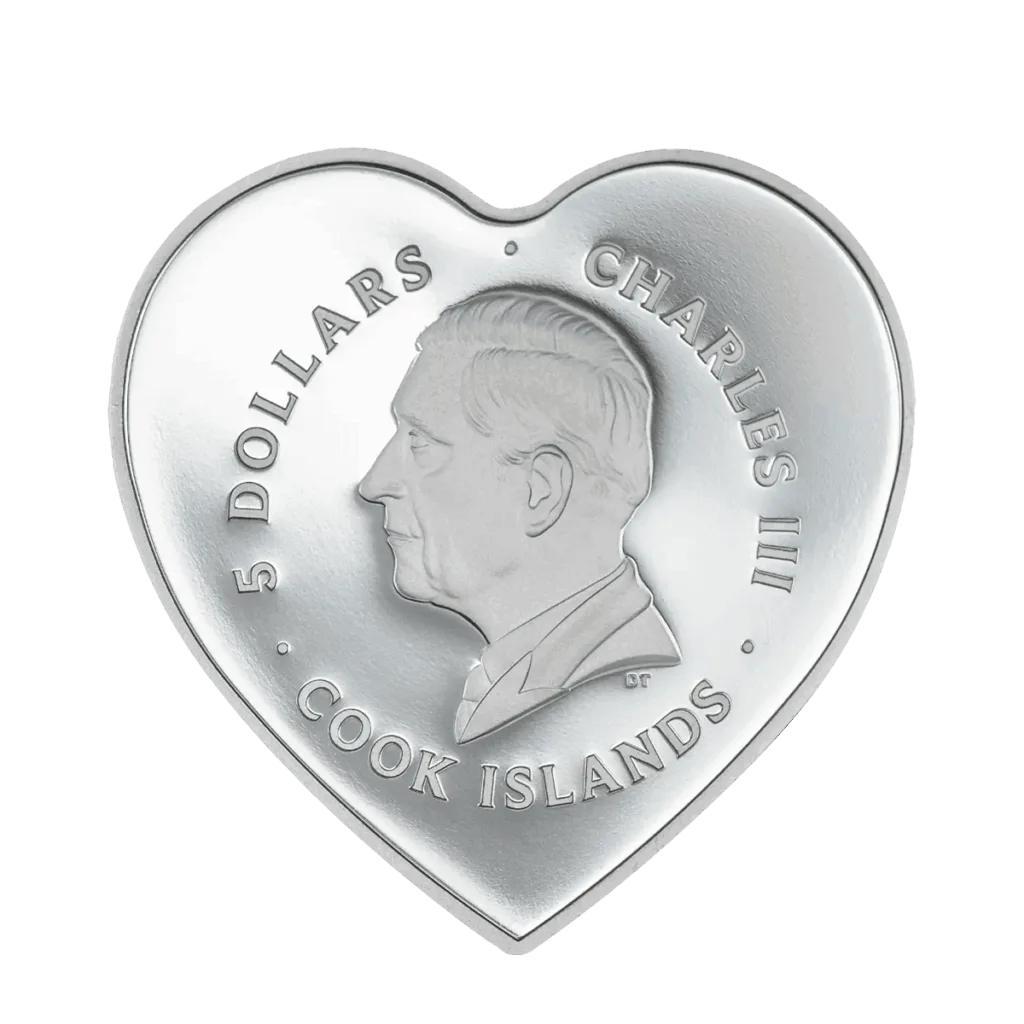 Retro moneta a cuore Cook Islands: ritratto di Re Carlo III con scritte “5 Dollars”, “Charles III” e “Cook Islands”