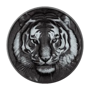 Moneta in argento 1 oz Tigre Ossidiana Nera 2025: primo piano del volto di una tigre inciso
