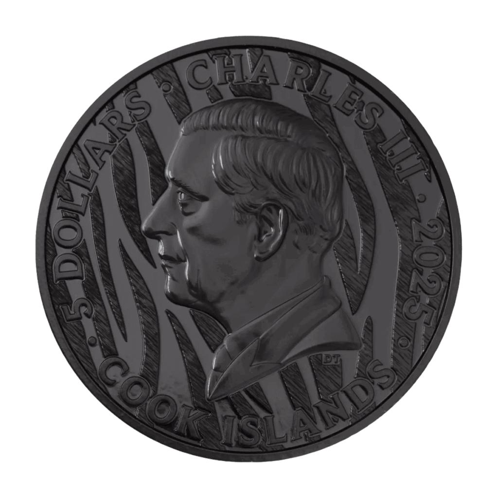 Coin reverse (Cook Islands): portrait of King Charles III with “5 Dollars”, “2025” and “Cook Islands” inscriptions