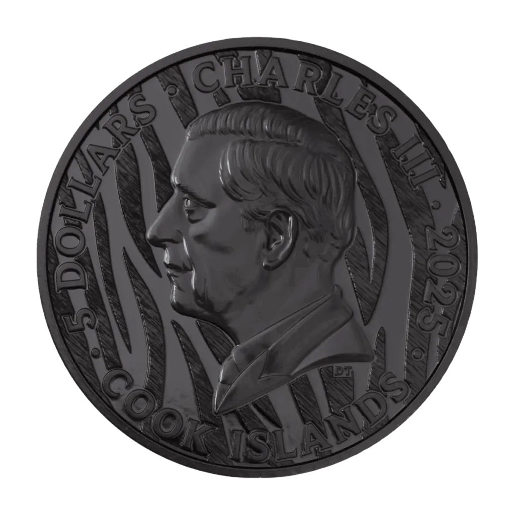 Retro moneta Cook Islands: ritratto di Re Carlo III con scritte “5 Dollars”, “2025” e “Cook Islands”