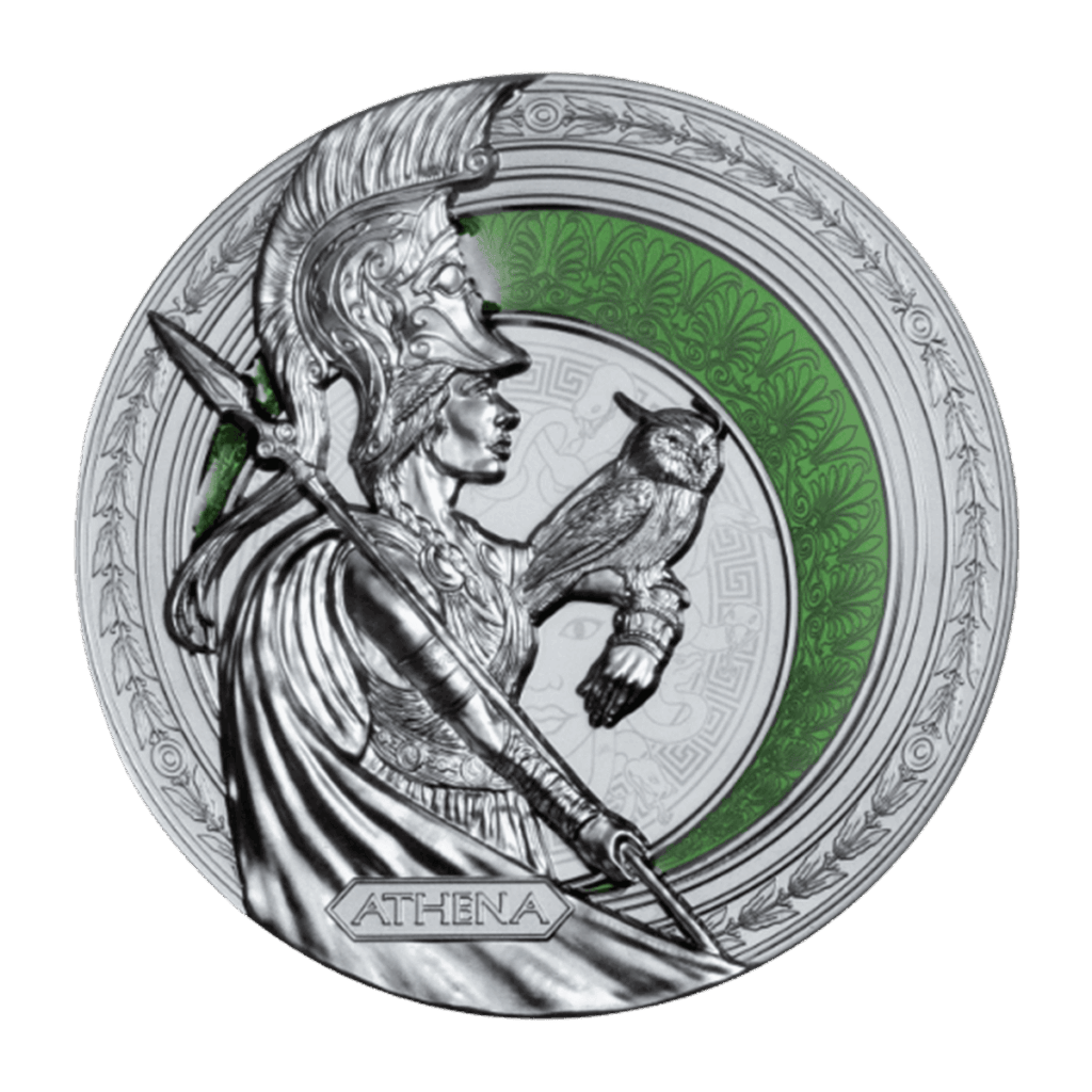 Moneda de plata de 1 oz 2025 que representa a la diosa Atenea de perfil con casco crestado y lanza, sosteniendo un búho en su brazo. En el fondo, un motivo circular decorativo con un arco verde ornamental.