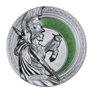 Moneda de plata de 1 oz 2025 que representa a la diosa Atenea de perfil con casco crestado y lanza, sosteniendo un búho en su brazo. En el fondo, un motivo circular decorativo con un arco verde ornamental. 