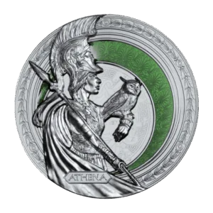 Moneta in argento 1 oz 2025 della dea Atena di profilo con elmo crestato e lancia, mentre tiene un gufo sul braccio. Sullo sfondo un motivo circolare decorativo con un arco verde ornamentale.