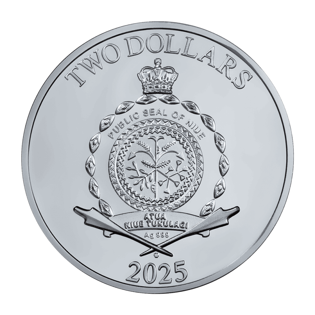 Reverso de la moneda de plata Atenea 2025 con la inscripción ‘Two Dollars’ en la parte superior. En el centro aparece el sello de la República de Niue con una corona encima, una corona de hojas alrededor y motivos vegetales dentro del sello. En la parte inferior están grabados ‘Atua Niue Tukulagi’, ‘Ag 999’ y el año 2025.