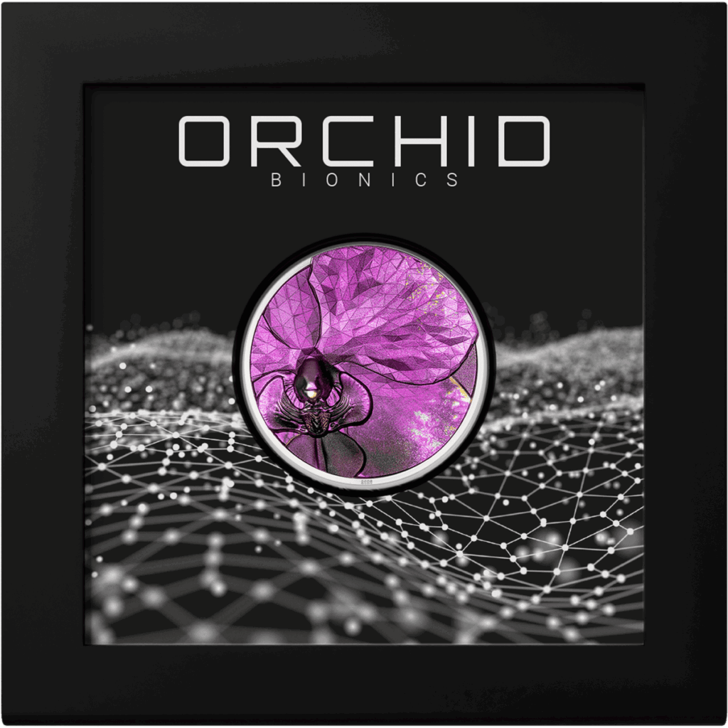 "Orchid Bionics" Italpreziosi silver collectible coin featuring a purple Phalaenopsis orchid in geometric style, presented in a collector's display box with a black frame and digital background with a luminous node network. "Orchid Bionics" inscription prominently displayed at the top.