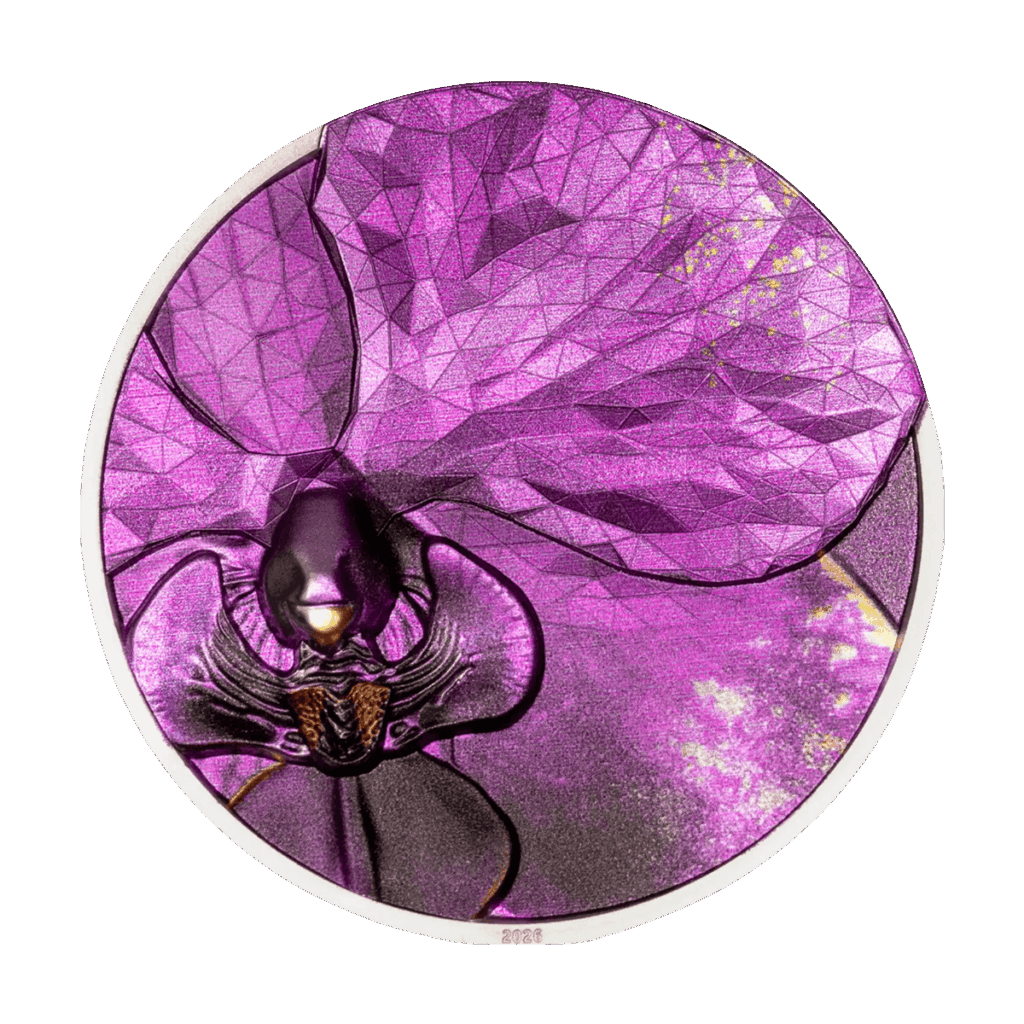 Front of the "Orchid Bionics" Italpreziosi silver collectible coin featuring a close-up of a purple Phalaenopsis orchid in geometric low-poly style. The upper petals have a faceted texture with golden highlights, while the central labellum is finished in dark purple and bronze. The year 2026 is engraved on the lower edge.